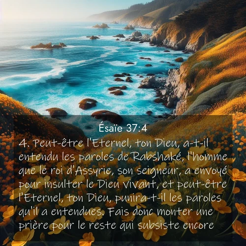 Segond21 Ésaïe  ; image nature: image avec le verset biblique :Peut-être l&#039;Eternel, ton Dieu, a-t-il entendu les paroles de Rabshaké, l&#039;homme que le roi d&#039;Assyrie, son seigneur, a envoyé pour insulter le Dieu vivant, et peut-être l&#039;Eternel, ton Dieu, punira-t-il les paroles qu&#039;il a entendues. Fais donc monter une prière pour le reste qui subsiste encore!» ;  ; 37:4