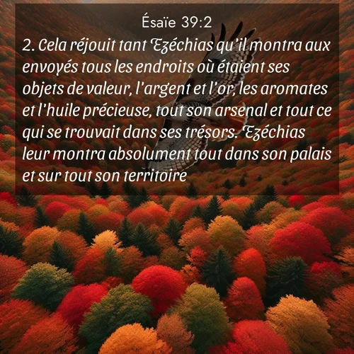 citation biblique : 2. Cela réjouit tant Ezéchias qu&#039;il montra aux envoyés tous les endroits où étaient ses objets de valeur, l&#039;argent et l&#039;or, les aromates et l&#039;huile précieuse, tout son arsenal et tout ce qui se trouvait dans ses trésors. Ezéchias leur montra absolument tout dans son palais et sur tout son territoire.
 sur fond image nature