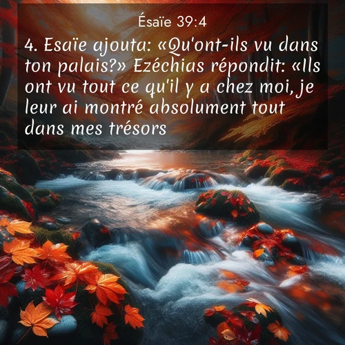 citation biblique : 4. Esaïe ajouta: «Qu&#039;ont-ils vu dans ton palais?» Ezéchias répondit: «Ils ont vu tout ce qu&#039;il y a chez moi, je leur ai montré absolument tout dans mes trésors.»
 sur fond image nature