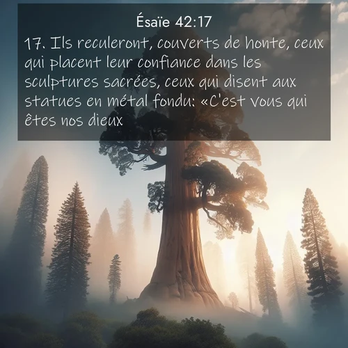 citation biblique : 17. Ils reculeront, couverts de honte, ceux qui placent leur confiance dans les sculptures sacrées, ceux qui disent aux statues en métal fondu: «C&#039;est vous qui êtes nos dieux!»
 sur fond image nature
