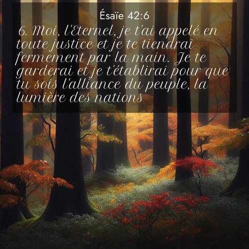 citation biblique : 6. Moi, l&#039;Eternel, je t&#039;ai appelé en toute justice et je te tiendrai fermement par la main. Je te garderai et je t&#039;établirai pour que tu sois l&#039;alliance du peuple, la lumière des nations,
 sur fond image nature
