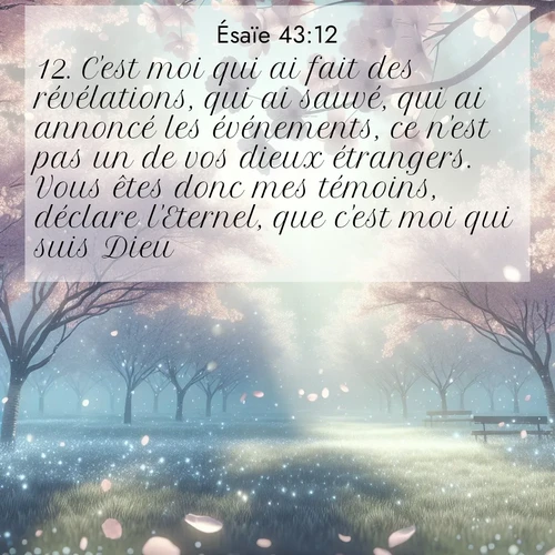 citation biblique : 12. C&#039;est moi qui ai fait des révélations, qui ai sauvé, qui ai annoncé les événements, ce n&#039;est pas un de vos dieux étrangers. Vous êtes donc mes témoins, déclare l&#039;Eternel, que c&#039;est moi qui suis Dieu.
 sur fond image nature