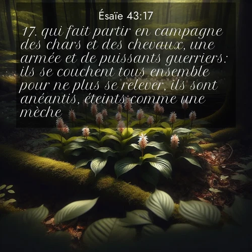 citation biblique : 17. qui fait partir en campagne des chars et des chevaux, une armée et de puissants guerriers: ils se couchent tous ensemble pour ne plus se relever, ils sont anéantis, éteints comme une mèche.
 sur fond image nature