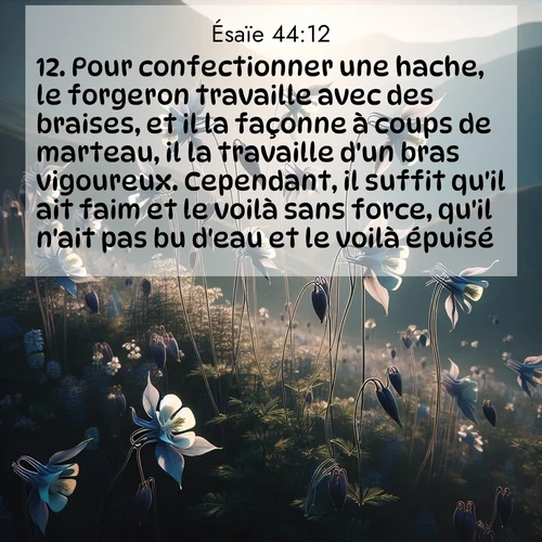 Segond21 Ésaïe  ; image nature: image avec le verset biblique :Pour confectionner une hache, le forgeron travaille avec des braises, et il la façonne à coups de marteau, il la travaille d&#039;un bras vigoureux. Cependant, il suffit qu&#039;il ait faim et le voilà sans force, qu&#039;il n&#039;ait pas bu d&#039;eau et le voilà épuisé. ;  ; 44:12