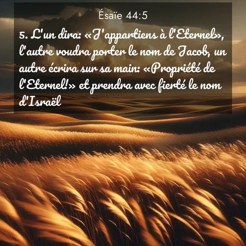 Segond21 Ésaïe  ; image nature: image avec le verset biblique :L&#039;un dira: «J&#039;appartiens à l&#039;Eternel», l&#039;autre voudra porter le nom de Jacob, un autre écrira sur sa main: «Propriété de l&#039;Eternel!» et prendra avec fierté le nom d&#039;Israël. ;  ; 44:5
