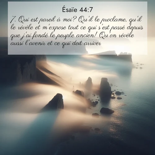 Segond21 Ésaïe  ; image nature: image avec le verset biblique :Qui est pareil à moi? Qu&#039;il le proclame, qu&#039;il le révèle et m&#039;expose tout ce qui s&#039;est passé depuis que j&#039;ai fondé le peuple ancien! Qu&#039;on révèle aussi l&#039;avenir et ce qui doit arriver! ;  ; 44:7