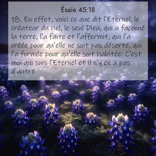Segond21 Ésaïe  ; image nature: image avec le verset biblique :En effet, voici ce que dit l&#039;Eternel, le créateur du ciel, le seul Dieu, qui a façonné la terre, l&#039;a faite et l&#039;affermit, qui l&#039;a créée pour qu&#039;elle ne soit pas déserte, qui l&#039;a formée pour qu&#039;elle soit habitée: C&#039;est moi qui suis l&#039;Eternel et il n&#039;y en a pas d&#039;autre. ;  ; 45:18