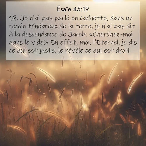Segond21 Ésaïe  ; image nature: image avec le verset biblique :Je n&#039;ai pas parlé en cachette, dans un recoin ténébreux de la terre, je n&#039;ai pas dit à la descendance de Jacob: «Cherchez-moi dans le vide!» En effet, moi, l&#039;Eternel, je dis ce qui est juste, je révèle ce qui est droit. ;  ; 45:19