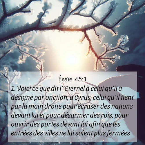 citation biblique : 1. Voici ce que dit l&#039;Eternel à celui qu&#039;il a désigné par onction, à Cyrus, celui qu&#039;il tient par la main droite pour écraser des nations devant lui et pour désarmer des rois, pour ouvrir des portes devant lui afin que les entrées des villes ne lui soient plus fermées:
 sur fond image nature