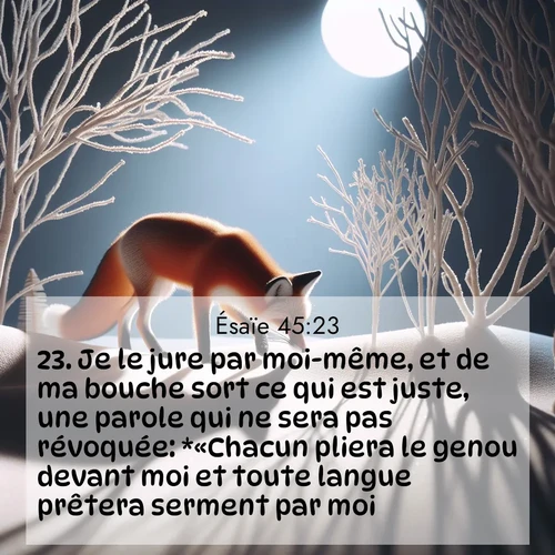 Segond21 Ésaïe  ; image nature: image avec le verset biblique :Je le jure par moi-même, et de ma bouche sort ce qui est juste, une parole qui ne sera pas révoquée: *«Chacun pliera le genou devant moi et toute langue prêtera serment par moi.» ;  ; 45:23