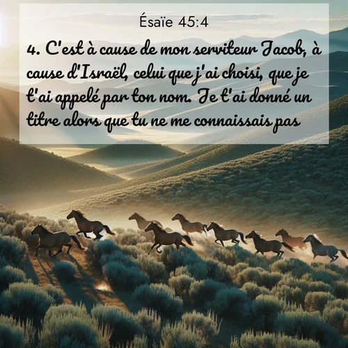 Segond21 Ésaïe  ; image nature: image avec le verset biblique :C&#039;est à cause de mon serviteur Jacob, à cause d&#039;Israël, celui que j&#039;ai choisi, que je t&#039;ai appelé par ton nom. Je t&#039;ai donné un titre alors que tu ne me connaissais pas. ;  ; 45:4