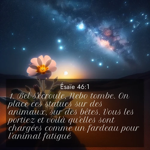 citation biblique : 1. Bel s&#039;écroule, Nebo tombe. On place ces statues sur des animaux, sur des bêtes. Vous les portiez et voilà qu&#039;elles sont chargées comme un fardeau pour l&#039;animal fatigué!
 sur fond image nature