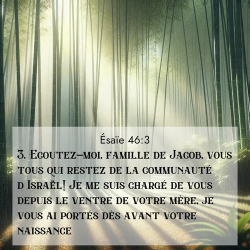 Segond21 Ésaïe  ; image nature: image avec le verset biblique :Ecoutez-moi, famille de Jacob, vous tous qui restez de la communauté d&#039;Israël! Je me suis chargé de vous depuis le ventre de votre mère, je vous ai portés dès avant votre naissance! ;  ; 46:3