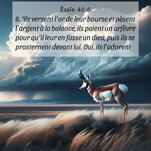 Segond21 Ésaïe  ; image nature: image avec le verset biblique :Ils versent l&#039;or de leur bourse et pèsent l&#039;argent à la balance, ils paient un orfèvre pour qu&#039;il leur en fasse un dieu, puis ils se prosternent devant lui. Oui, ils l&#039;adorent! ;  ; 46:6