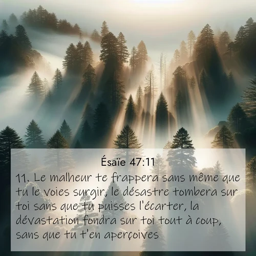 Segond21 Ésaïe  ; image nature: image avec le verset biblique :Le malheur te frappera sans même que tu le voies surgir, le désastre tombera sur toi sans que tu puisses l&#039;écarter, la dévastation fondra sur toi tout à coup, sans que tu t&#039;en aperçoives. ;  ; 47:11