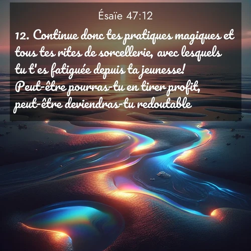 Segond21 Ésaïe  ; image nature: image avec le verset biblique :Continue donc tes pratiques magiques et tous tes rites de sorcellerie, avec lesquels tu t&#039;es fatiguée depuis ta jeunesse! Peut-être pourras-tu en tirer profit, peut-être deviendras-tu redoutable. ;  ; 47:12