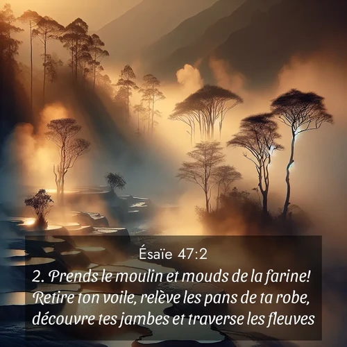 Segond21 Ésaïe  ; image nature: image avec le verset biblique :Prends le moulin et mouds de la farine! Retire ton voile, relève les pans de ta robe, découvre tes jambes et traverse les fleuves! ;  ; 47:2