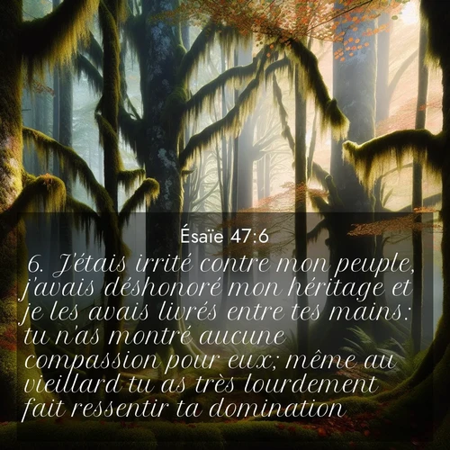 Segond21 Ésaïe  ; image nature: image avec le verset biblique :J&#039;étais irrité contre mon peuple, j&#039;avais déshonoré mon héritage et je les avais livrés entre tes mains: tu n&#039;as montré aucune compassion pour eux; même au vieillard tu as très lourdement fait ressentir ta domination. ;  ; 47:6