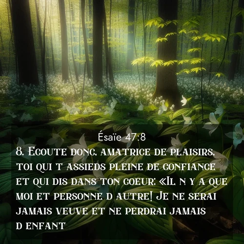 Segond21 Ésaïe  ; image nature: image avec le verset biblique :Ecoute donc, amatrice de plaisirs, toi qui t&#039;assieds pleine de confiance et qui dis dans ton coeur: «Il n&#039;y a que moi et personne d&#039;autre! Je ne serai jamais veuve et ne perdrai jamais d&#039;enfant!» ;  ; 47:8