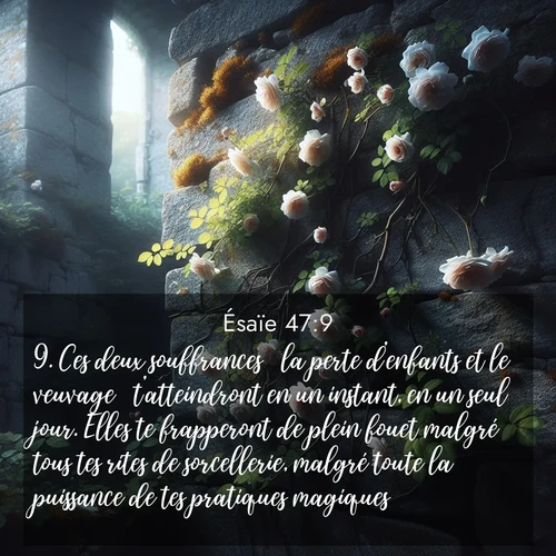 Segond21 Ésaïe  ; image nature: image avec le verset biblique :Ces deux souffrances  la perte d&#039;enfants et le veuvage  t&#039;atteindront en un instant, en un seul jour. Elles te frapperont de plein fouet malgré tous tes rites de sorcellerie, malgré toute la puissance de tes pratiques magiques. ;  ; 47:9