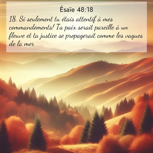citation biblique : 18. Si seulement tu étais attentif à mes commandements! Ta paix serait pareille à un fleuve et ta justice se propagerait comme les vagues de la mer.
 sur fond image nature