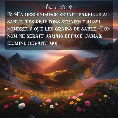 citation biblique : 19. Ta descendance serait pareille au sable, tes rejetons seraient aussi nombreux que les grains de sable. Ton nom ne serait jamais effacé, jamais éliminé devant moi.»
 sur fond image nature
