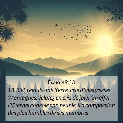 Segond21 Ésaïe  ; image nature: image avec le verset biblique :Ciel, réjouis-toi! Terre, crie d&#039;allégresse! Montagnes, éclatez en cris de joie! En effet, l&#039;Eternel console son peuple, il a compassion des plus humbles de ses membres. ;  ; 49:13