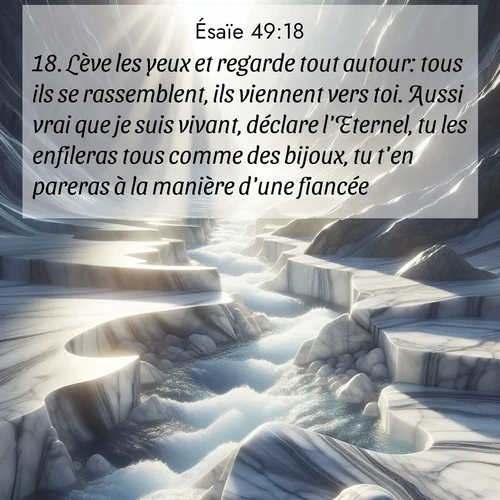 Segond21 Ésaïe  ; image nature: image avec le verset biblique :Lève les yeux et regarde tout autour: tous ils se rassemblent, ils viennent vers toi. Aussi vrai que je suis vivant, déclare l&#039;Eternel, tu les enfileras tous comme des bijoux, tu t&#039;en pareras à la manière d&#039;une fiancée. ;  ; 49:18