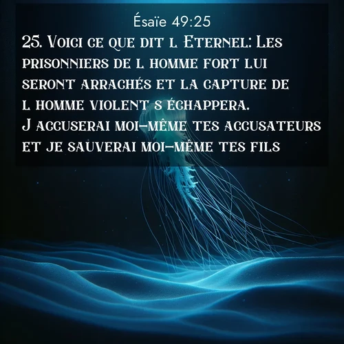 Segond21 Ésaïe  ; image nature: image avec le verset biblique :Voici ce que dit l&#039;Eternel: Les prisonniers de l&#039;homme fort lui seront arrachés et la capture de l&#039;homme violent s&#039;échappera. J&#039;accuserai moi-même tes accusateurs et je sauverai moi-même tes fils. ;  ; 49:25