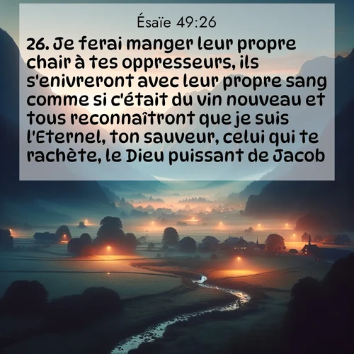 Segond21 Ésaïe  ; image nature: image avec le verset biblique :Je ferai manger leur propre chair à tes oppresseurs, ils s&#039;enivreront avec leur propre sang comme si c&#039;était du vin nouveau et tous reconnaîtront que je suis l&#039;Eternel, ton sauveur, celui qui te rachète, le Dieu puissant de Jacob. ;  ; 49:26