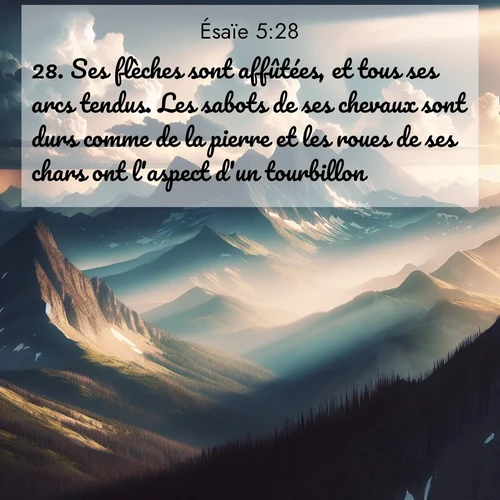 Segond21 Ésaïe  ; image nature: image avec le verset biblique :Ses flèches sont affûtées, et tous ses arcs tendus. Les sabots de ses chevaux sont durs comme de la pierre et les roues de ses chars ont l&#039;aspect d&#039;un tourbillon. ;  ; 5:28