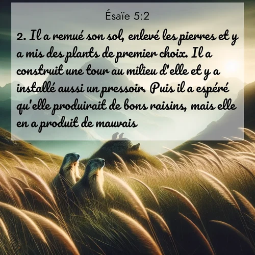 Segond21 Ésaïe  ; image nature: image avec le verset biblique :Il a remué son sol, enlevé les pierres et y a mis des plants de premier choix. Il a construit une tour au milieu d&#039;elle et y a installé aussi un pressoir. Puis il a espéré qu&#039;elle produirait de bons raisins, mais elle en a produit de mauvais. ;  ; 5:2