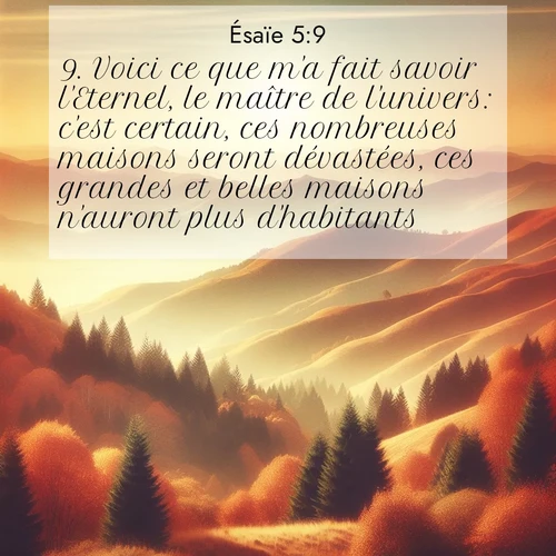 Segond21 Ésaïe  ; image nature: image avec le verset biblique :Voici ce que m&#039;a fait savoir l&#039;Eternel, le maître de l&#039;univers: c&#039;est certain, ces nombreuses maisons seront dévastées, ces grandes et belles maisons n&#039;auront plus d&#039;habitants. ;  ; 5:9
