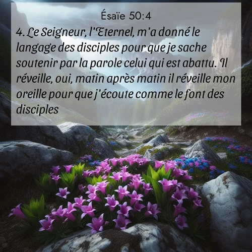 Segond21 Ésaïe  ; image nature: image avec le verset biblique :Le Seigneur, l&#039;Eternel, m&#039;a donné le langage des disciples pour que je sache soutenir par la parole celui qui est abattu. Il réveille, oui, matin après matin il réveille mon oreille pour que j&#039;écoute comme le font des disciples. ;  ; 50:4