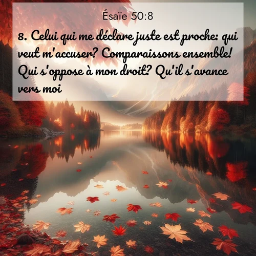 Segond21 Ésaïe  ; image nature: image avec le verset biblique :Celui qui me déclare juste est proche: qui veut m&#039;accuser? Comparaissons ensemble! Qui s&#039;oppose à mon droit? Qu&#039;il s&#039;avance vers moi! ;  ; 50:8