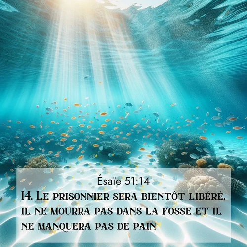 Segond21 Ésaïe  ; image nature: image avec le verset biblique :Le prisonnier sera bientôt libéré, il ne mourra pas dans la fosse et il ne manquera pas de pain. ;  ; 51:14