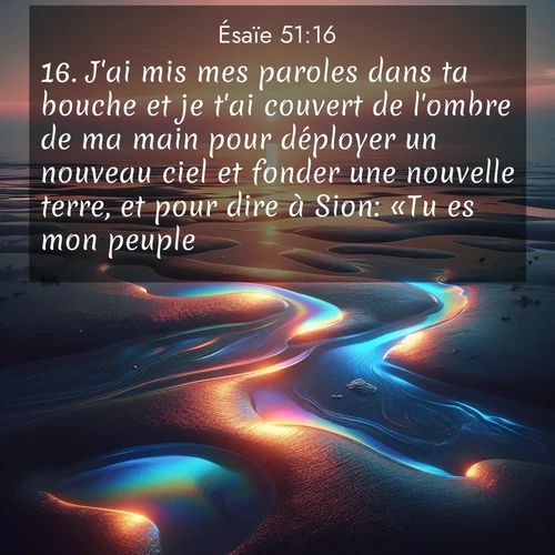 Segond21 Ésaïe  ; image nature: image avec le verset biblique :J&#039;ai mis mes paroles dans ta bouche et je t&#039;ai couvert de l&#039;ombre de ma main pour déployer un nouveau ciel et fonder une nouvelle terre, et pour dire à Sion: «Tu es mon peuple!» ;  ; 51:16