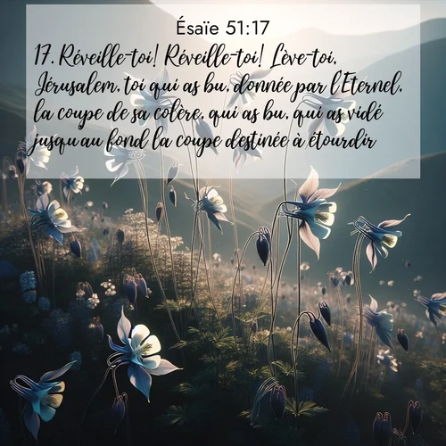 Segond21 Ésaïe  ; image nature: image avec le verset biblique :Réveille-toi! Réveille-toi! Lève-toi, Jérusalem, toi qui as bu, donnée par l&#039;Eternel, la coupe de sa colère, qui as bu, qui as vidé jusqu&#039;au fond la coupe destinée à étourdir! ;  ; 51:17