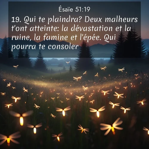 Segond21 Ésaïe  ; image nature: image avec le verset biblique :Qui te plaindra? Deux malheurs t&#039;ont atteinte: la dévastation et la ruine, la famine et l&#039;épée. Qui pourra te consoler? ;  ; 51:19
