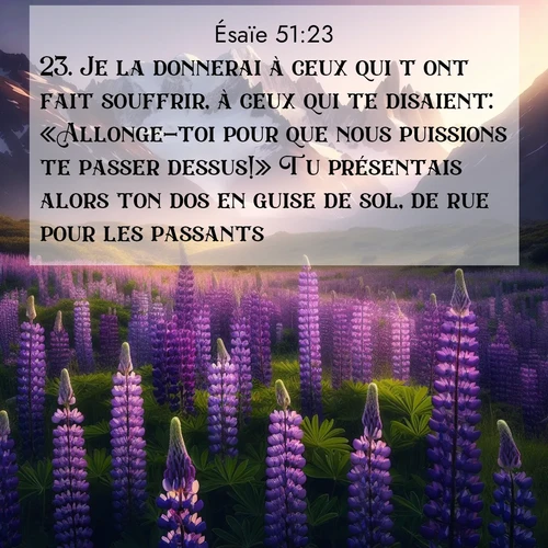 Segond21 Ésaïe  ; image nature: image avec le verset biblique :Je la donnerai à ceux qui t&#039;ont fait souffrir, à ceux qui te disaient: «Allonge-toi pour que nous puissions te passer dessus!» Tu présentais alors ton dos en guise de sol, de rue pour les passants. ;  ; 51:23