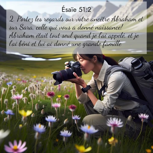 Segond21 Ésaïe  ; image nature: image avec le verset biblique :Portez les regards sur votre ancêtre Abraham et sur Sara, celle qui vous a donné naissance! Abraham était tout seul quand je l&#039;ai appelé, et je l&#039;ai béni et lui ai donné une grande famille. ;  ; 51:2
