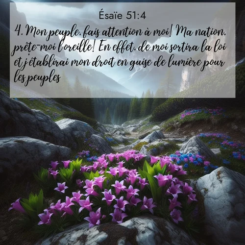 Segond21 Ésaïe  ; image nature: image avec le verset biblique :Mon peuple, fais attention à moi! Ma nation, prête-moi l&#039;oreille! En effet, de moi sortira la loi et j&#039;établirai mon droit en guise de lumière pour les peuples. ;  ; 51:4