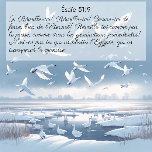Segond21 Ésaïe  ; image nature: image avec le verset biblique :Réveille-toi! Réveille-toi! Couvre-toi de force, bras de l&#039;Eternel! Réveille-toi comme par le passé, comme dans les générations précédentes! N&#039;est-ce pas toi qui as abattu l&#039;Egypte, qui as transpercé le monstre? ;  ; 51:9