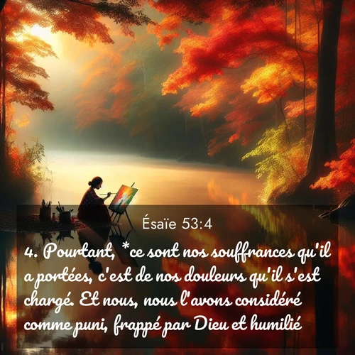 Segond21 Ésaïe  ; image nature: image avec le verset biblique :Pourtant, *ce sont nos souffrances qu&#039;il a portées, c&#039;est de nos douleurs qu&#039;il s&#039;est chargé. Et nous, nous l&#039;avons considéré comme puni, frappé par Dieu et humilié. ;  ; 53:4