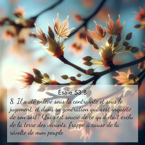 citation biblique : 8. Il a été enlevé sous la contrainte et sous le jugement, et dans sa génération qui s&#039;est inquiété de son sort? Qui s&#039;est soucié de ce qu&#039;il était exclu de la terre des vivants, frappé à cause de la révolte de mon peuple?
 sur fond image nature