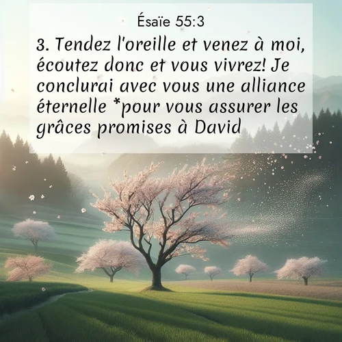 Segond21 Ésaïe  ; image nature: image avec le verset biblique :Tendez l&#039;oreille et venez à moi, écoutez donc et vous vivrez! Je conclurai avec vous une alliance éternelle *pour vous assurer les grâces promises à David. ;  ; 55:3