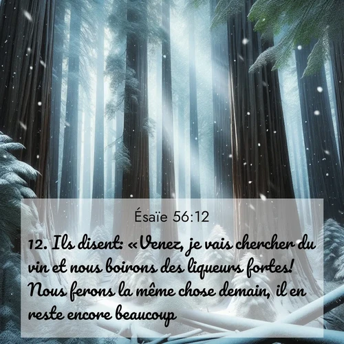 citation biblique : 12. Ils disent: «Venez, je vais chercher du vin et nous boirons des liqueurs fortes! Nous ferons la même chose demain, il en reste encore beaucoup!»
 sur fond image nature