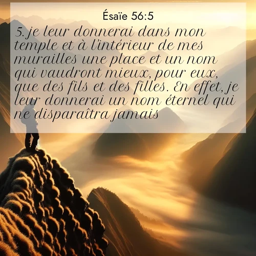 citation biblique : 5. je leur donnerai dans mon temple et à l&#039;intérieur de mes murailles une place et un nom qui vaudront mieux, pour eux, que des fils et des filles. En effet, je leur donnerai un nom éternel qui ne disparaîtra jamais.
 sur fond image nature