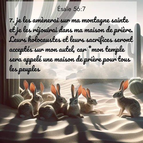 citation biblique : 7. je les amènerai sur ma montagne sainte et je les réjouirai dans ma maison de prière. Leurs holocaustes et leurs sacrifices seront acceptés sur mon autel, car *mon temple sera appelé une maison de prière pour tous les peuples.
 sur fond image nature