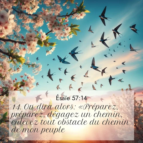citation biblique : 14. On dira alors: «Préparez, préparez, dégagez un chemin, enlevez tout obstacle du chemin de mon peuple!»
 sur fond image nature